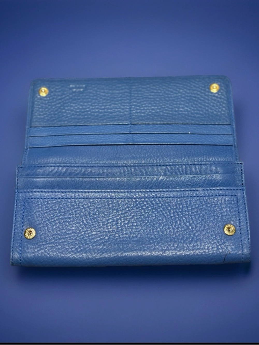 Authentic Prada Blue Leather Wallet Gold Logo w/ Certificate - Picture 3 of 16